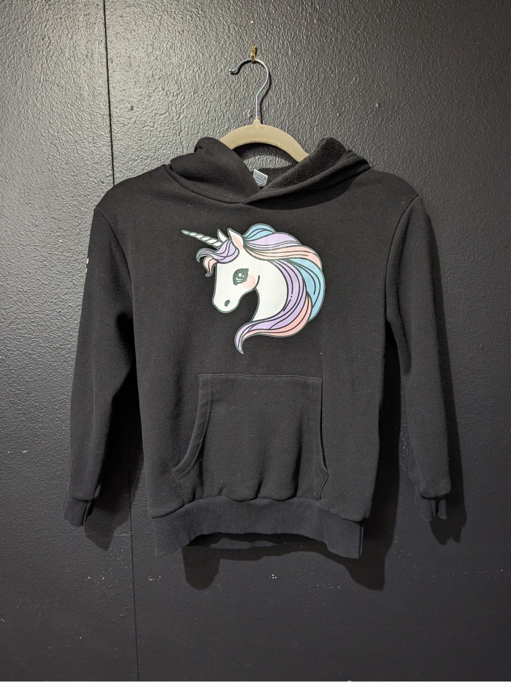 Girls Black Unicorn Hoodie with Pastel Mane